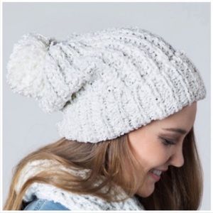 Ivory metallic knit pom beanie